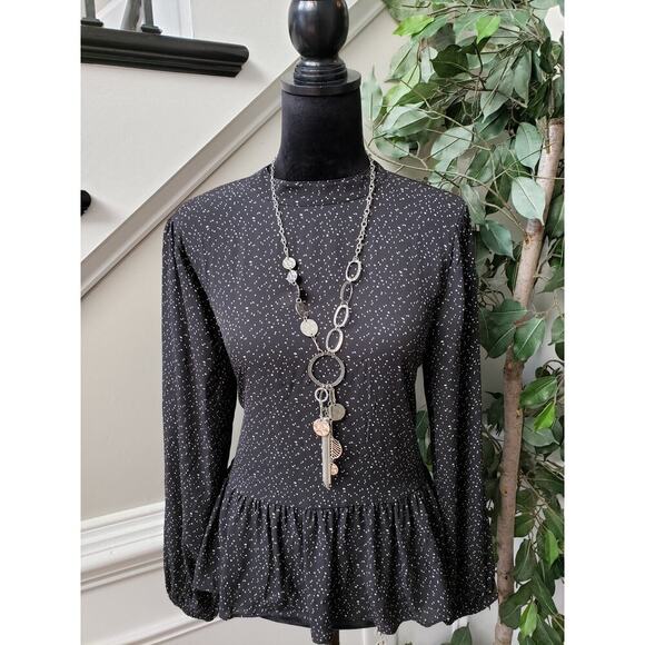 LOFT Blouse Top Womens PM Black Polka Dot Balloon Sleeve Ruffle Hem Pullover - Picture 2 of 10